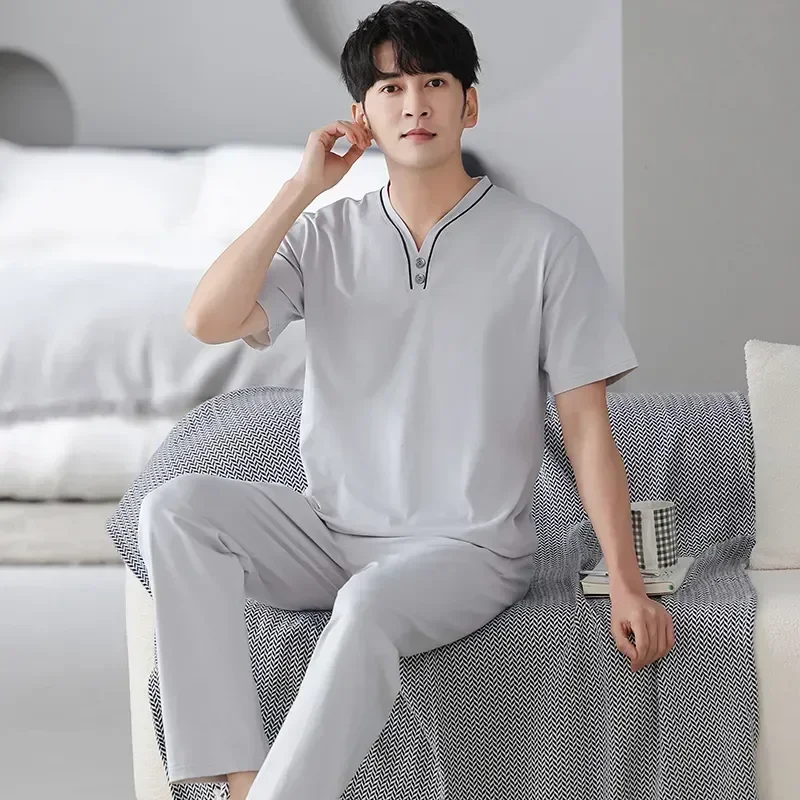 Pants Summer Tops+long Modal Newest Sleepwear Short Sleeve Set Pajamas Pyjamas 2pcs Men