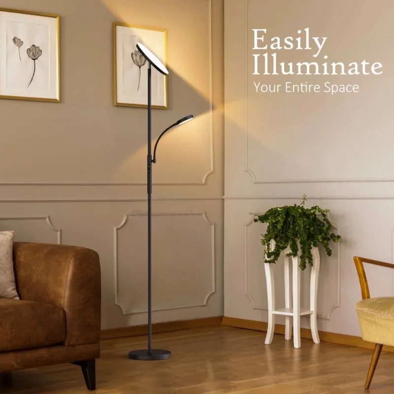 

Светодиодный торшер для яркого освещения гостиной, основной светильник с двумя головками 27 Вт/2000 лм и боковой лампой для чтения 7 Вт/350 лм, 3 регулируемых