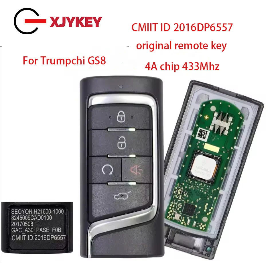 

XJY OEM llave remota inteligente 433MHz FSK 4A Chip para GAC Trumpchi GS8 GS4 GS5 GS7 GM6 GM8 GS55 5 botones A30 CMIIT ID: 2016D