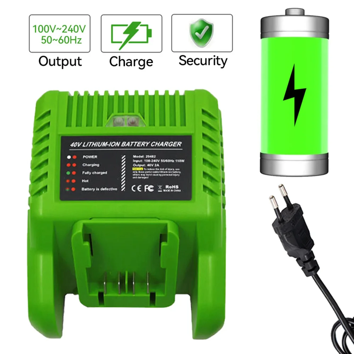 40V Lithium Ion Battery Charger 29482 Compatible with GreenWorks G40C Tools for G-Max 36V 40V Li-Ion Battery 29472 Power Tools