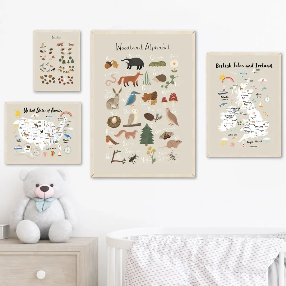 Woodland Alphabet Math Seasons Shapes Leaf Weather Chart Fish USA World Map Canvas Posters Prints Wall Pictures Kids Room Decor