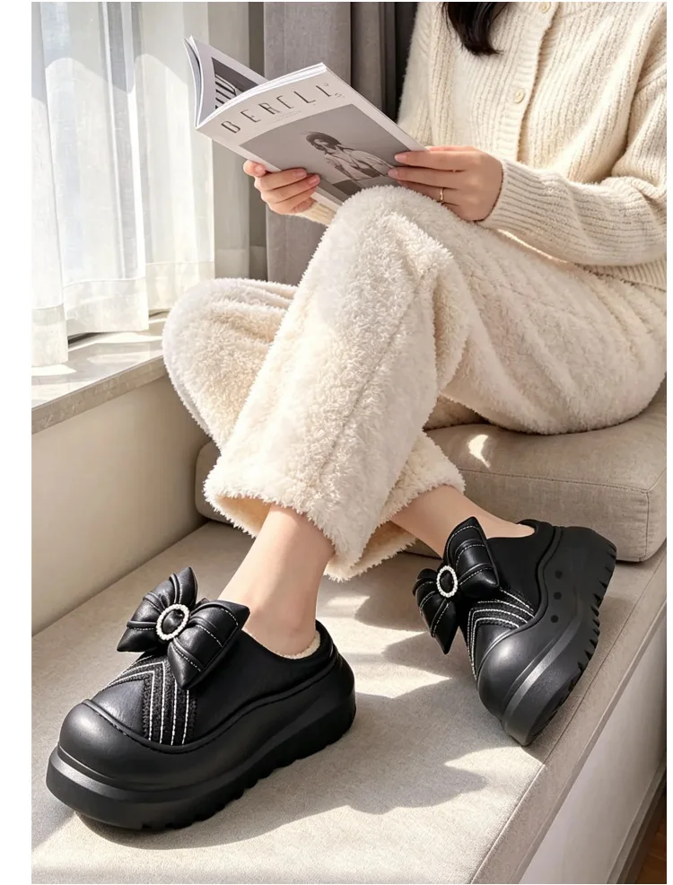 Neue, weiche, wasserdichte Hausschuhe mit hohem Absatz und Plüschfutter für Damen, dicke Plateausohle, warme Winter-Mules ohne Rücken, Mädchen-Elevator-Schuhe – Detail 8