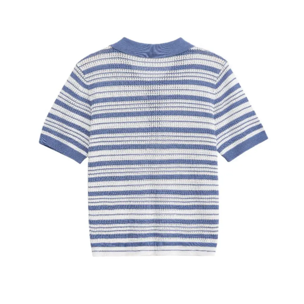 

Летний женский универсальный полосатый трикотаж с лацканами в европейском и американском стиле, модная новинка