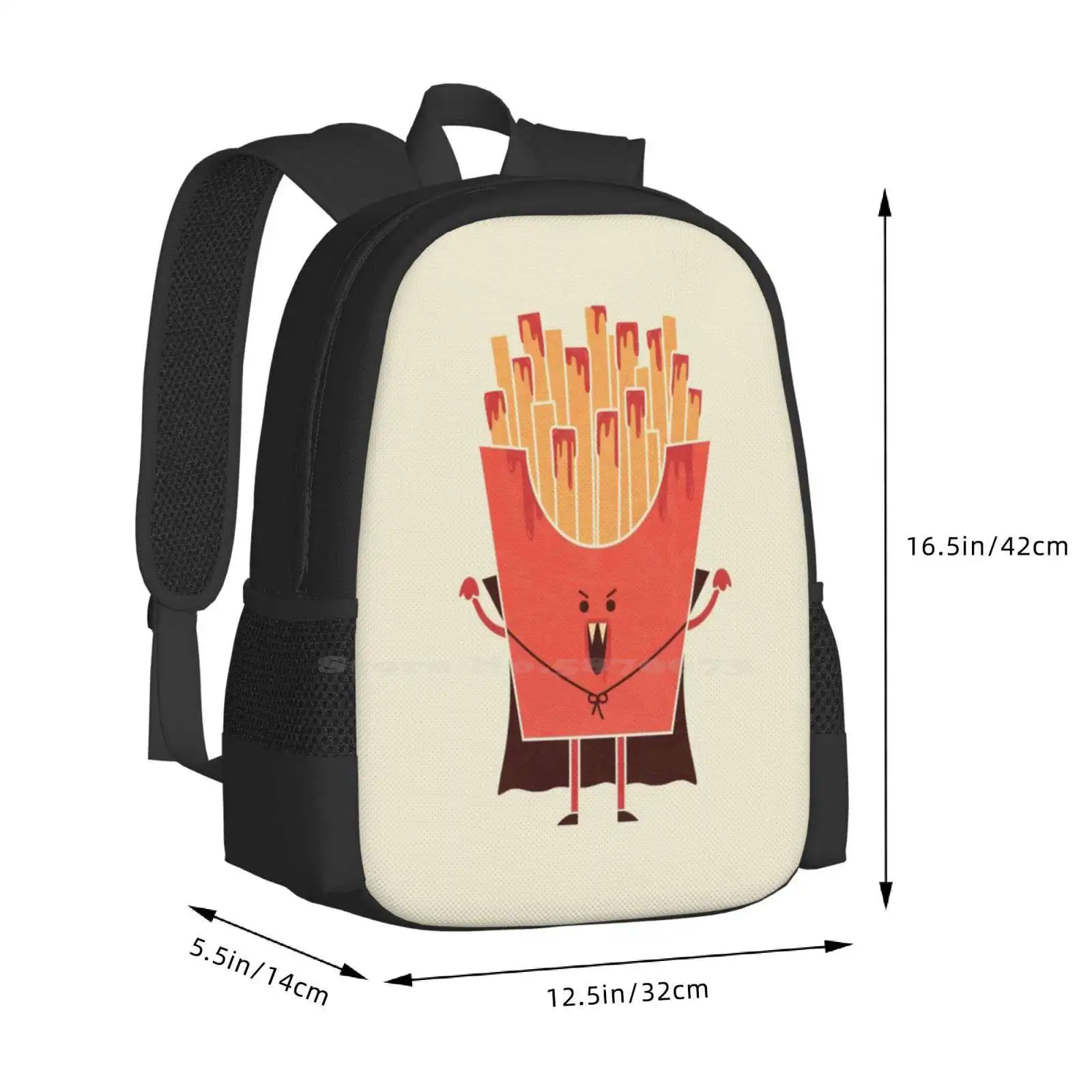 Nospotatu Teen College Student Backpack Pattern Design Bags Dracula Funny Fast Food Cute Horror Ketchup Fries Teo Zirinis