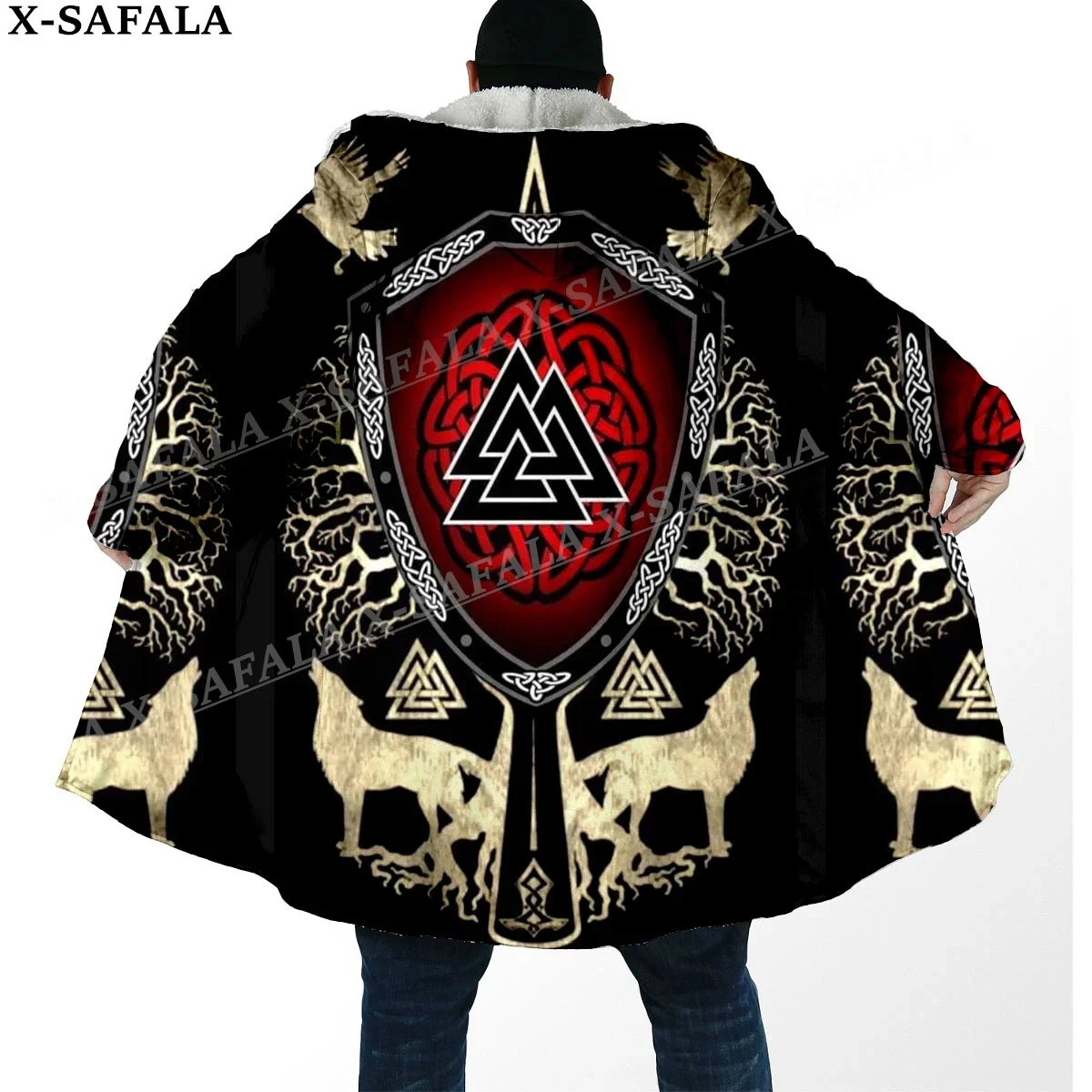 

Viking Line Tattoo Symbol Totems Thick Warm Hooded Cloak Men Overcoat Coat Windproof Fleece Cape Robe Hooded Blanket-3