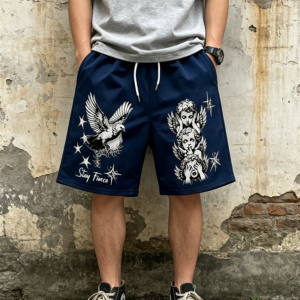 Neue europäische und amerikanische Herren-Sommer-Shorts mit kleinem Engel-Buchstaben-Print, bequem, atmungsaktiv, mit Kordelzug, Outdoor-Freizeithose