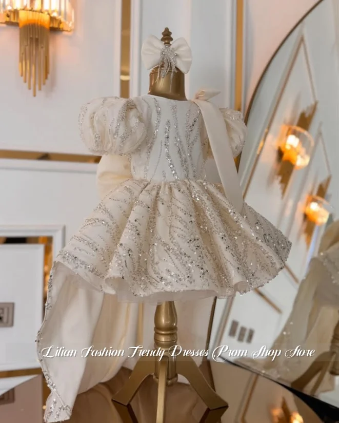 Customized Ivory Shimmering Flower Girl Dress Princess Puff Sleeves Bow Train Children's Birthday Dress Children's Party Dress