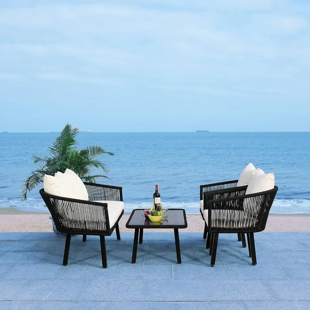 Collezione Outdoor Cuscino in vimini Corda da 4 pezzi Patio Cortile Set da soggiorno Set di mobili da esterno in rattan nero/beige Camera da giardino