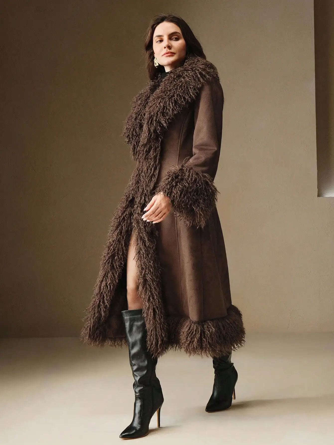 

Women's Long Faux Fur Trimmed Coat with Plush Collar and Cuffs, Winter Warm Outerwear