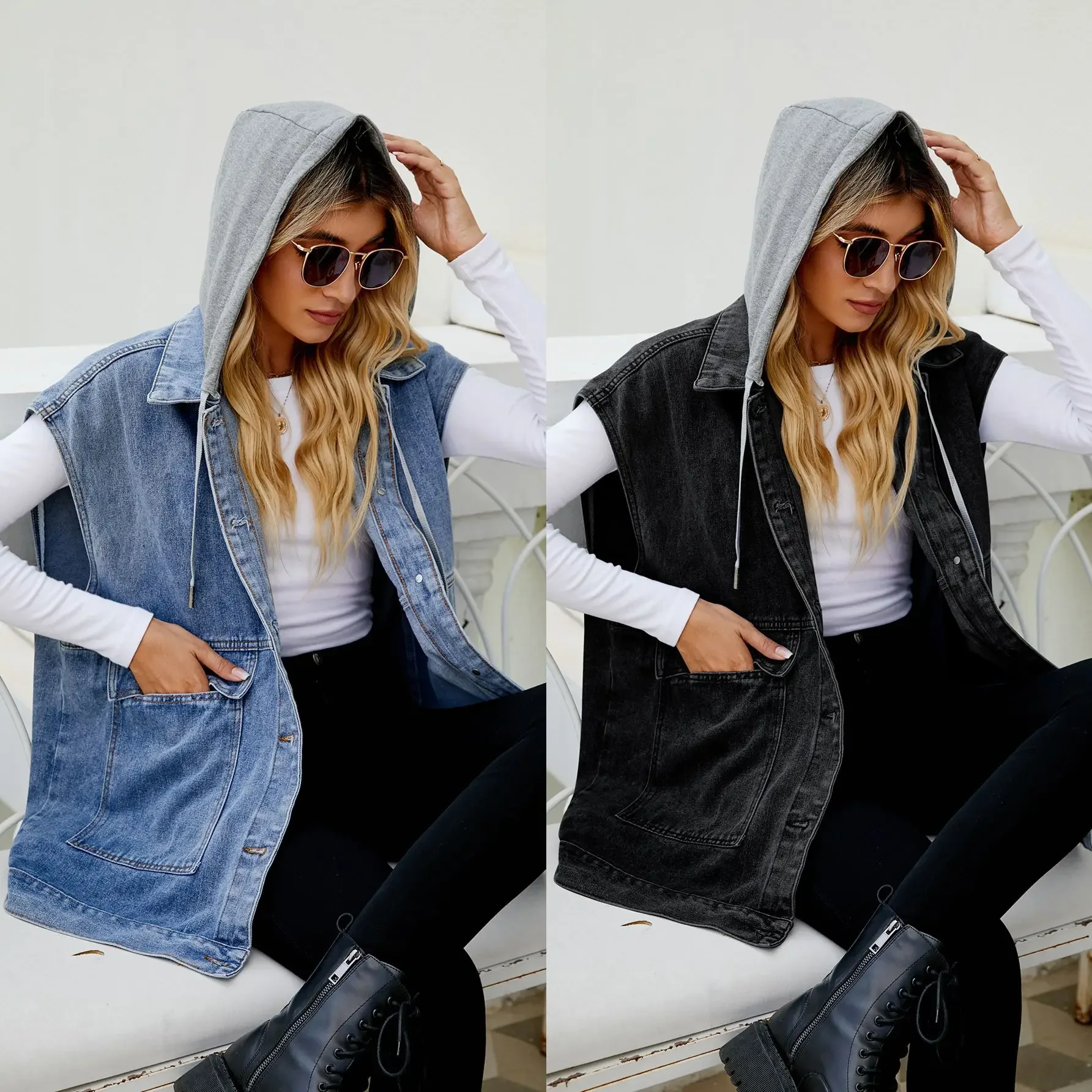 

Women Denim Vest Sleeveless Patchwork Hooded Detachable Waistcoat Pockets Single Breasted Washed Distressed Jacket Casual Coat
