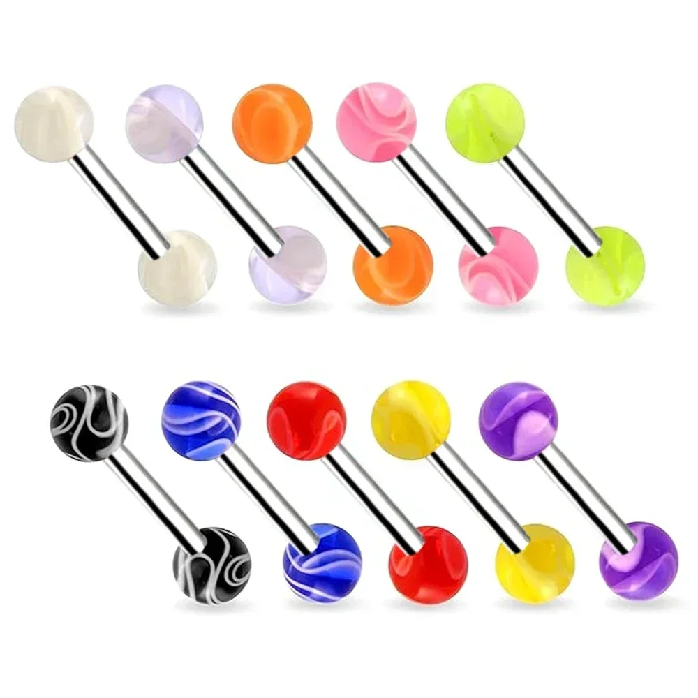 6Pcs Marble Tongue Ring Acrylic Ball 16mm 19mm 22mm Steel Bar Marbling Barbell Nipple Piercing Jewelry