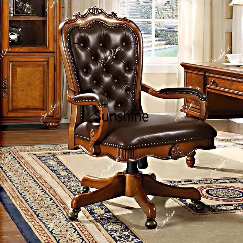 American retro carved solid wood swivel chair European computer chair