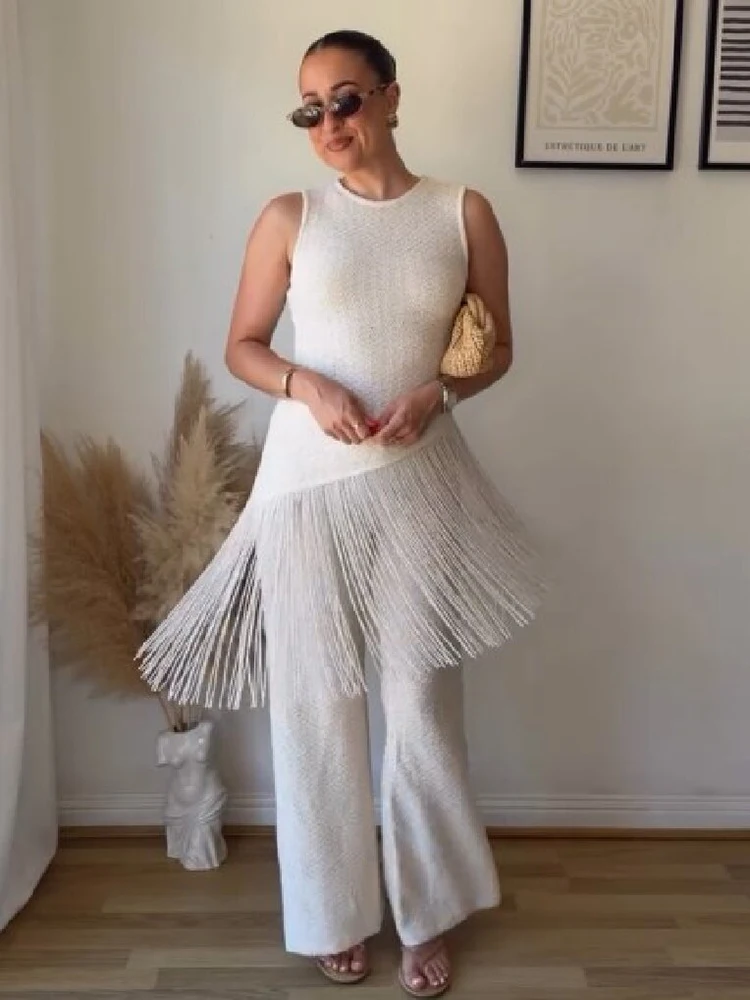 Simple Asymmetrical Long Fringe Hem Top Women Sleeveless Solid White Round Neck Slim Fitted Tops Elegant Party Vacation Vest New
