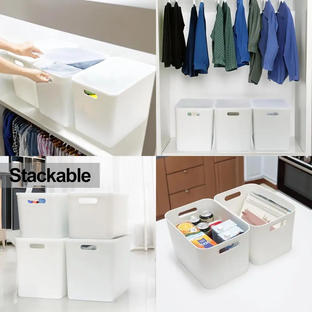 

Штабелируемые контейнеры для хранения из 6 предметов с крышками, пластиковые органайзеры для дома и офиса, подходят для кладовой, шкафов и столов (белый)