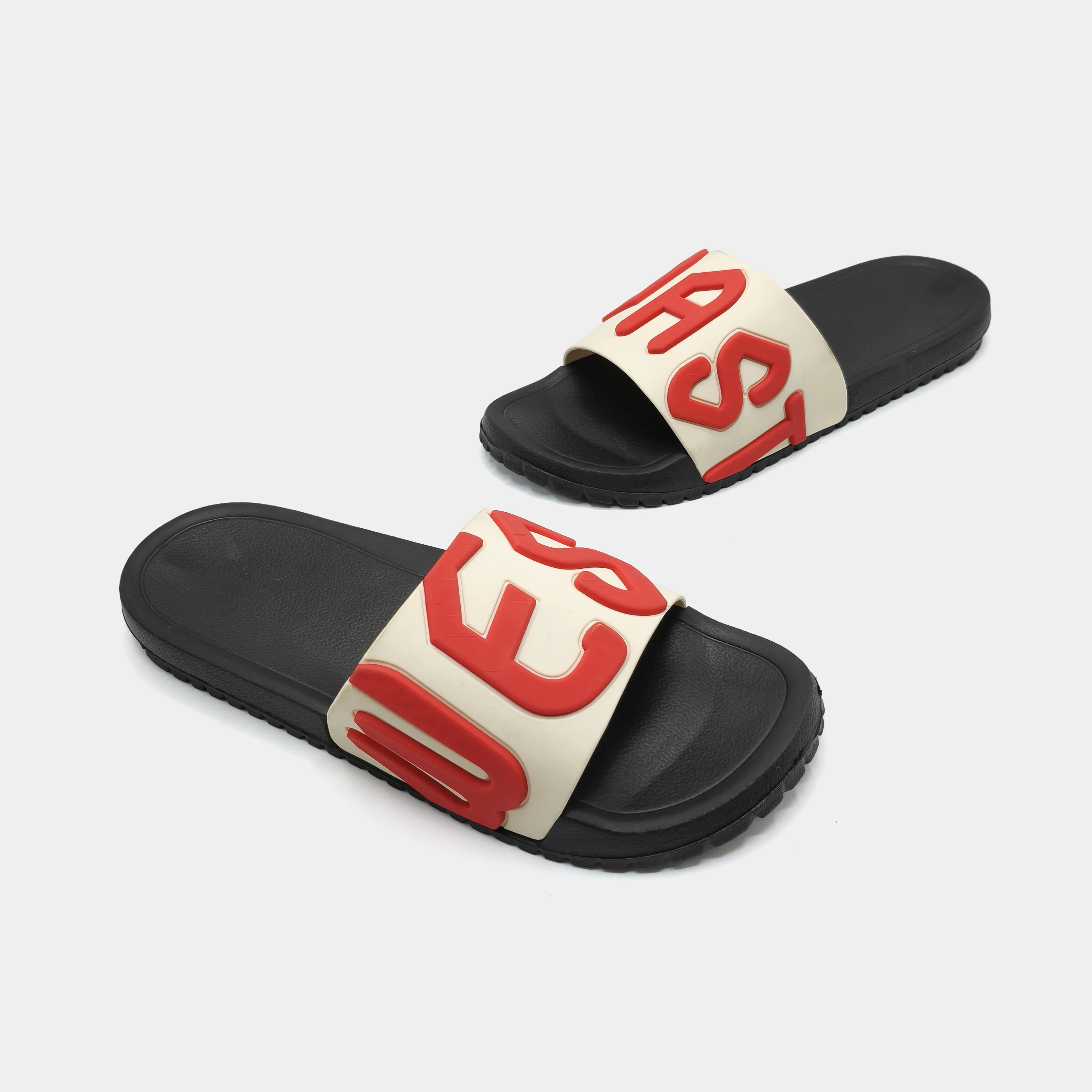 Men Women 3D Letter Print Slides, Beige‑Red Color‑Block Soft Non‑Slip Casual Indoor Outdoor Beach Slippers