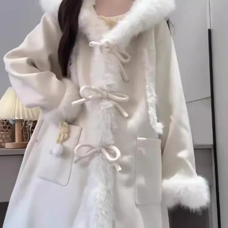 2025 New Streetwear Preppy Sweet Loose Woolen Long Sleeve Coat Autumn Winter Hooded Fur Collar Butterfly Knot Splicing Plush Top
