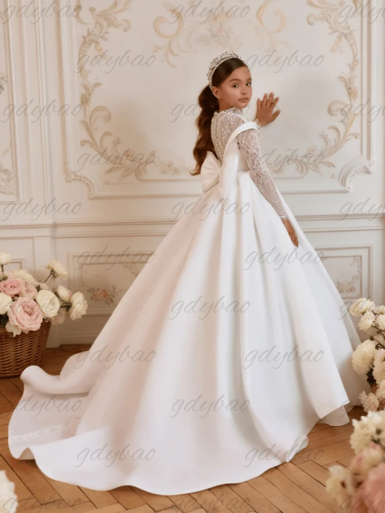 Elegant White Satin Customized Flower Girl Dress for Wedding High Neck Lace Long Sleeve Off Shoulder with Oversized Back Bow