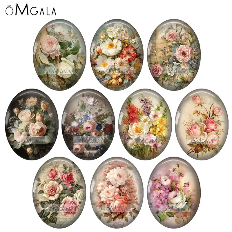 Vintage Colorful Rose Flowers Art Pattern 10pcs 13x18mm/18x25mm/30x40mm Oval photo glass cabochon demo flat back Making findings