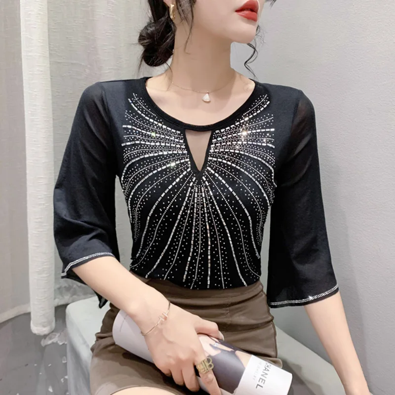 New 2024 Autumn O-Neck Mesh T-Shirt Fashion Cross Hollow Hot Diamond Three Quarter Sleeve Women's  Tops M-3XL Blusas