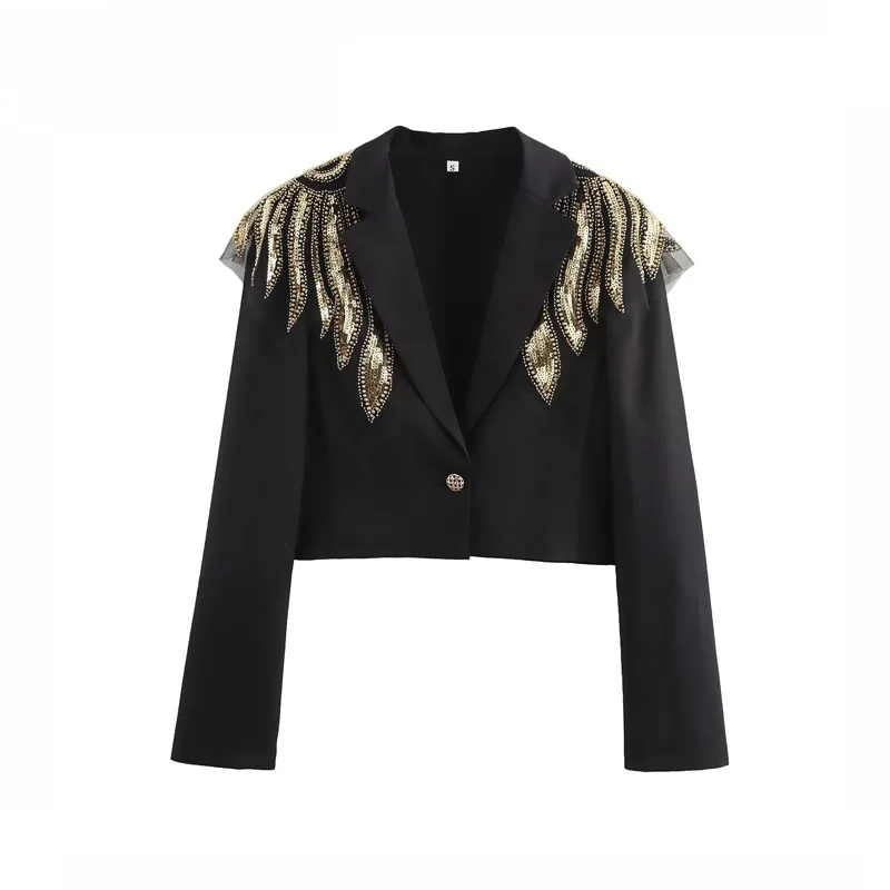 Elegant Short Beaded Wing Decorated Suit Collar Jacket Versatile Fashionable Commute Style Long Sleeve Slim Fit Pure Color
