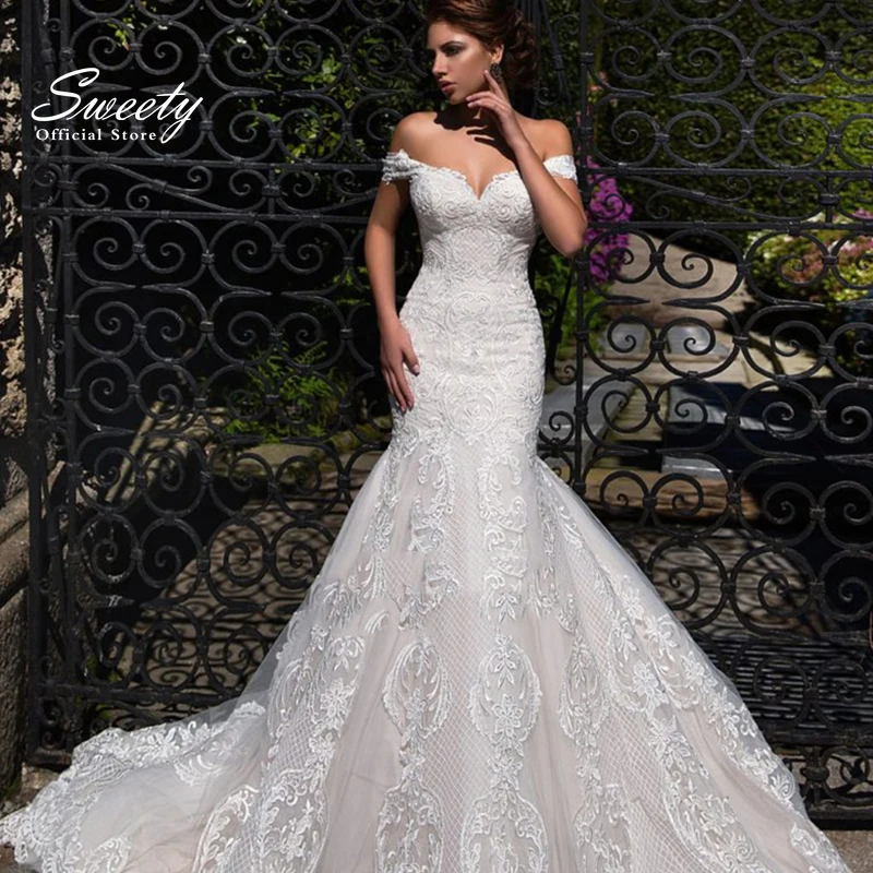 Meerjungfrau-Hochzeitskleid, elegante bestickte Spitze auf Netz mit schmaler Linie, U-Boot-Ausschnitt, ärmellose Schnürung, Vestido De Novia,