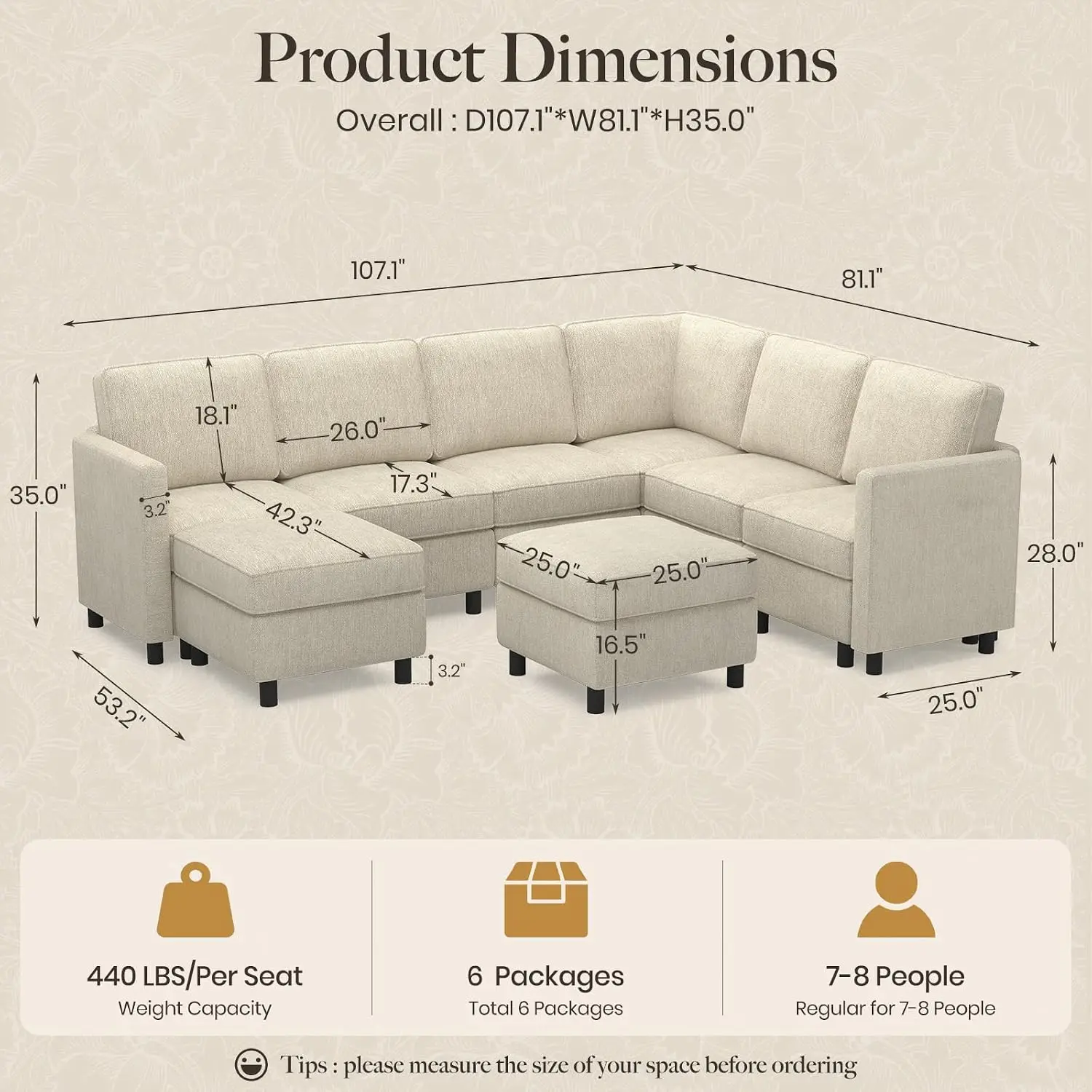 U Shaped Modular Sectional Sofa 8 Seats Beige Fabric Living Room 107.1