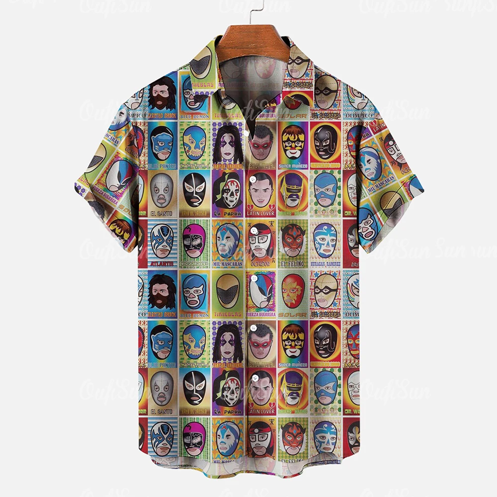 Hawaiian Shirt For Men Summer Short Sleeve Buttons Tops Maya Mask Pattern Print Casual Retro Men\'s Shirts Oversized Clothing