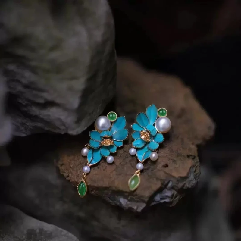 

Chinese Style Enamel Gilded Flower Silk Dots Emerald Flowers Bloom Luxurious Pearls Classical Women's Earrings Retro Accessories