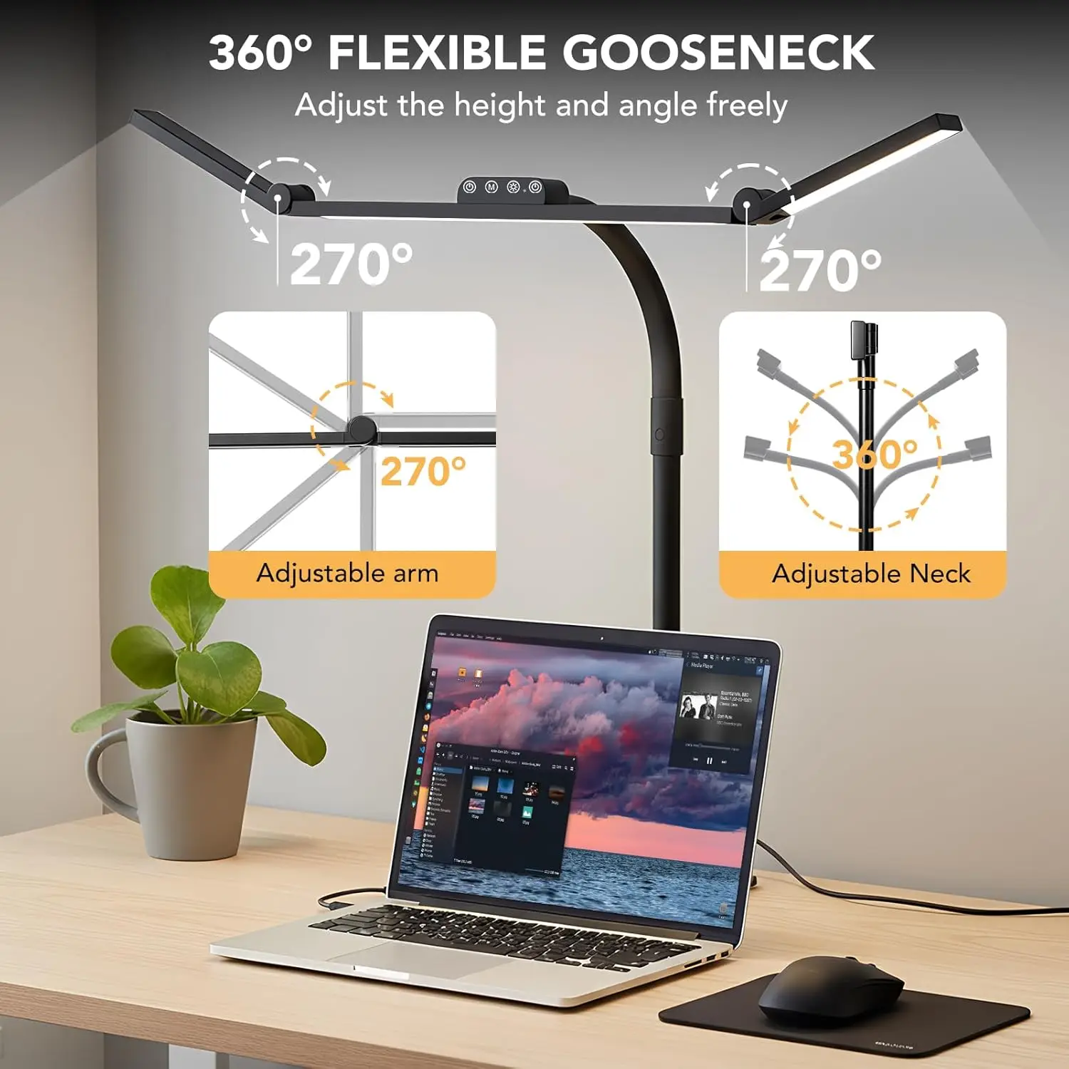 Adjustable Gooseneck Desk Lamp with Dimmable Light, 28.2" Swing Arm for Home Office Reading Study