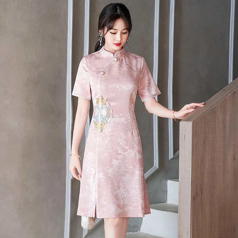 

Женское летнее китайское платье-ципао, розовое, с вышивкой, традиционное, с асимметричным передом, в национальном стиле, повседневное, миди