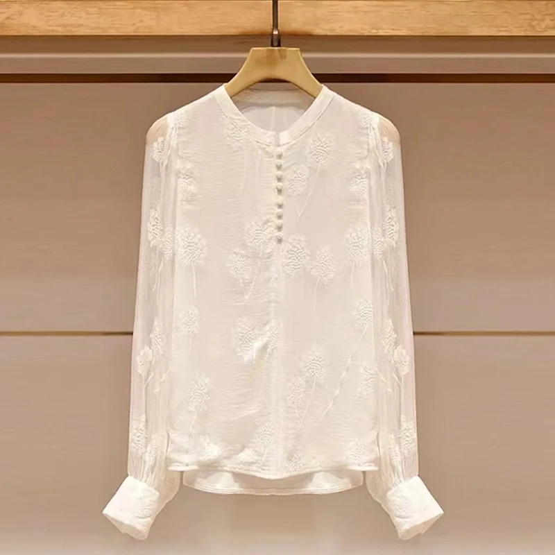 

Casual Embroidered Loose Long Sleeve Shirt Thin Breathable Summer Fashionable Top Pure Color Leisure Korean Style round Neck