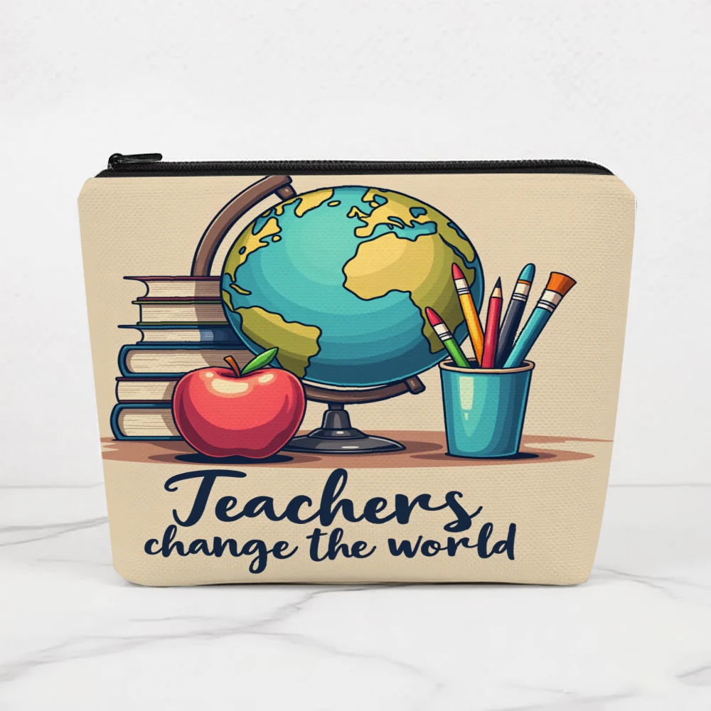 Teachers Change The World Globe Books Apple Pencils Makeup Bags for Girls Cosmetic Pouch Toiletry Bag Pencil Case Travel