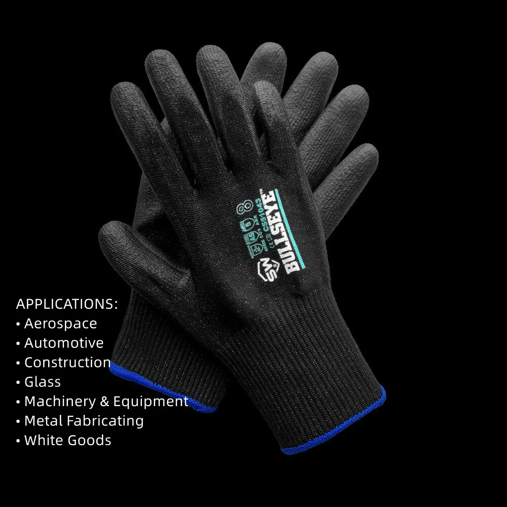 BullsEye Black Blade Cut Resistance Work Safety Glove, Palm Thin PU Coated, ANSI Cut 5, LightWeight, Abrasion,Grip, Breathable