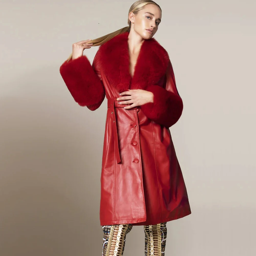 

Denny&Dora Women Plus Size Coat Real Fox Fur Collar Long Genuine Leather Coat Trench Red