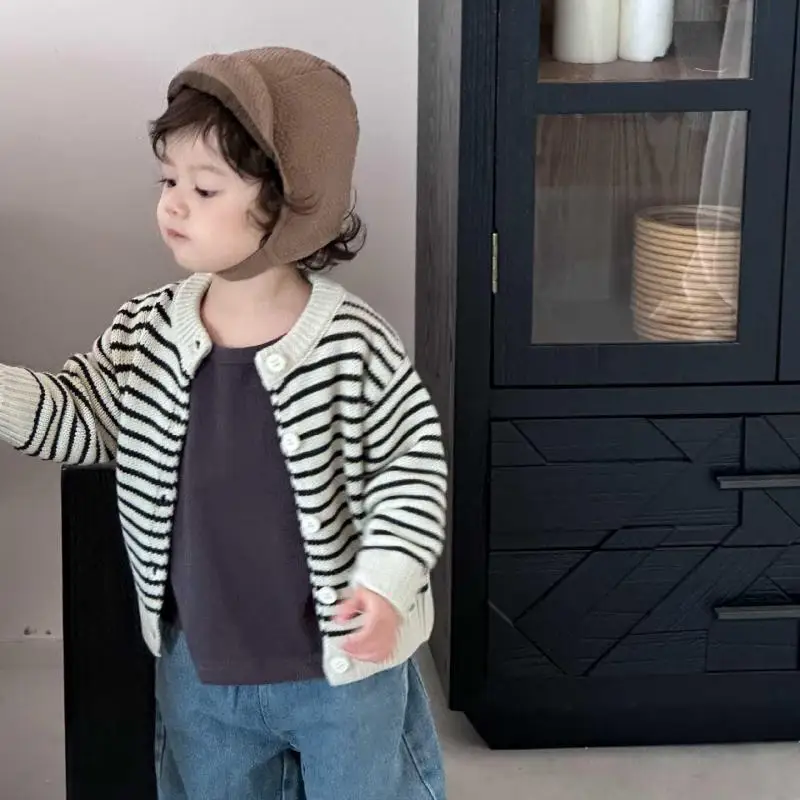2025 Autumn New Children Long Sleeve Knit Cardigan Boys Girls Striped Sweater Coat Cotton Baby Casual Jacket Infant Clothes