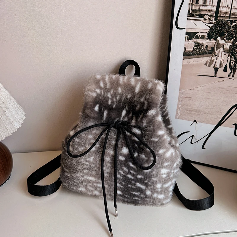 Winter Fluffy Faux Fur Backpack Leopard Print Drawstring Bucket Bag Fashion Soft Plush Small Backpack Daily Travel Purse Рюкзак