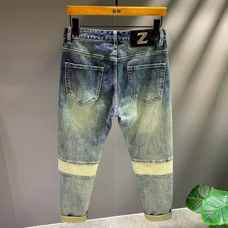 Spring and Autumn 2025 New Trendy Brand Splicing Patch Retro Jeans Men's Pants Slim fit Small Feet Rascal Handsome Denim Pants