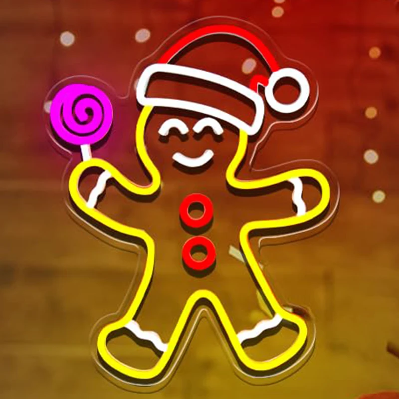 

Пряничный человечек, неоновая вывеска с леденцом, регулируемая яркость, светящаяся вывеска для декора стен, Рождество для спальни, гостиной, детской комнаты, фестиваля, па