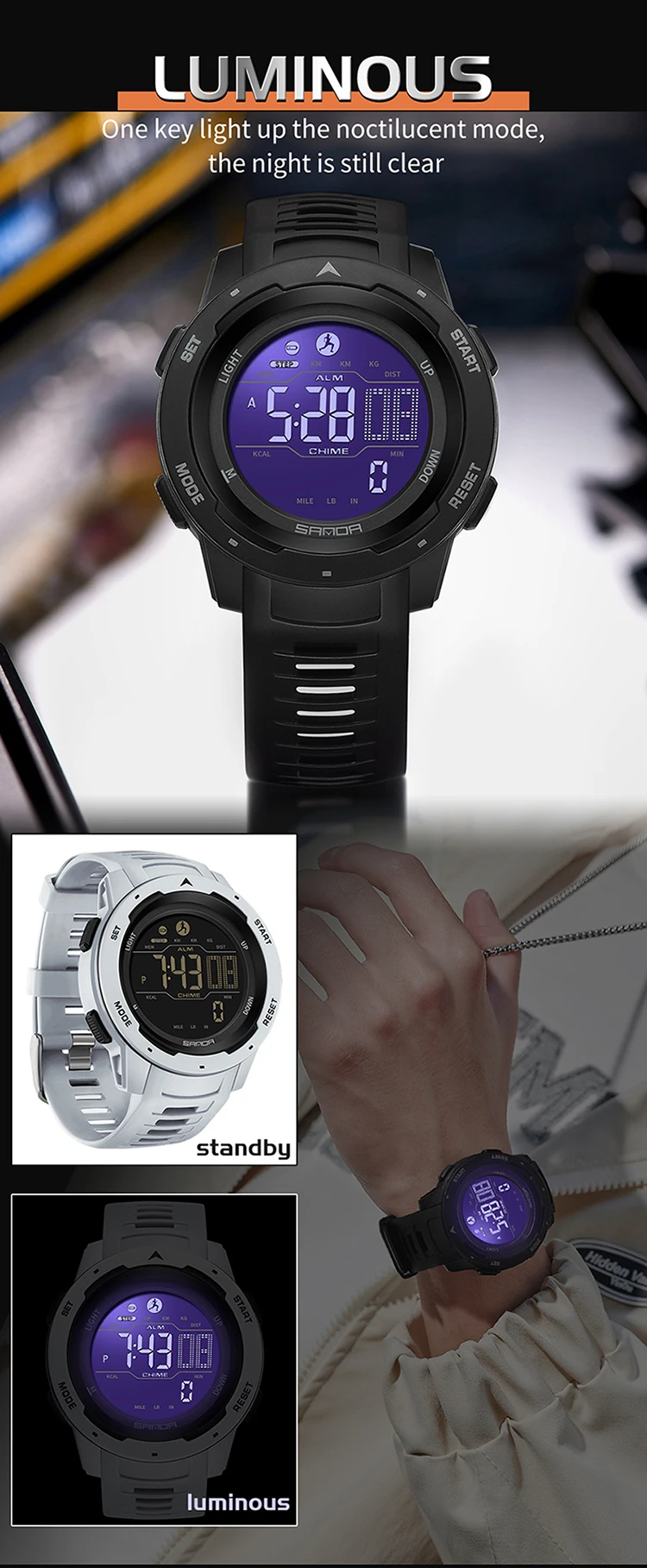 SANDA 2145 Herren-Sportuhr, Schrittzähler und Kalorienzähler, 50 m wasserdichte LED-Digital-Militärarmbanduhr, Relogio Masculino – Detail 12