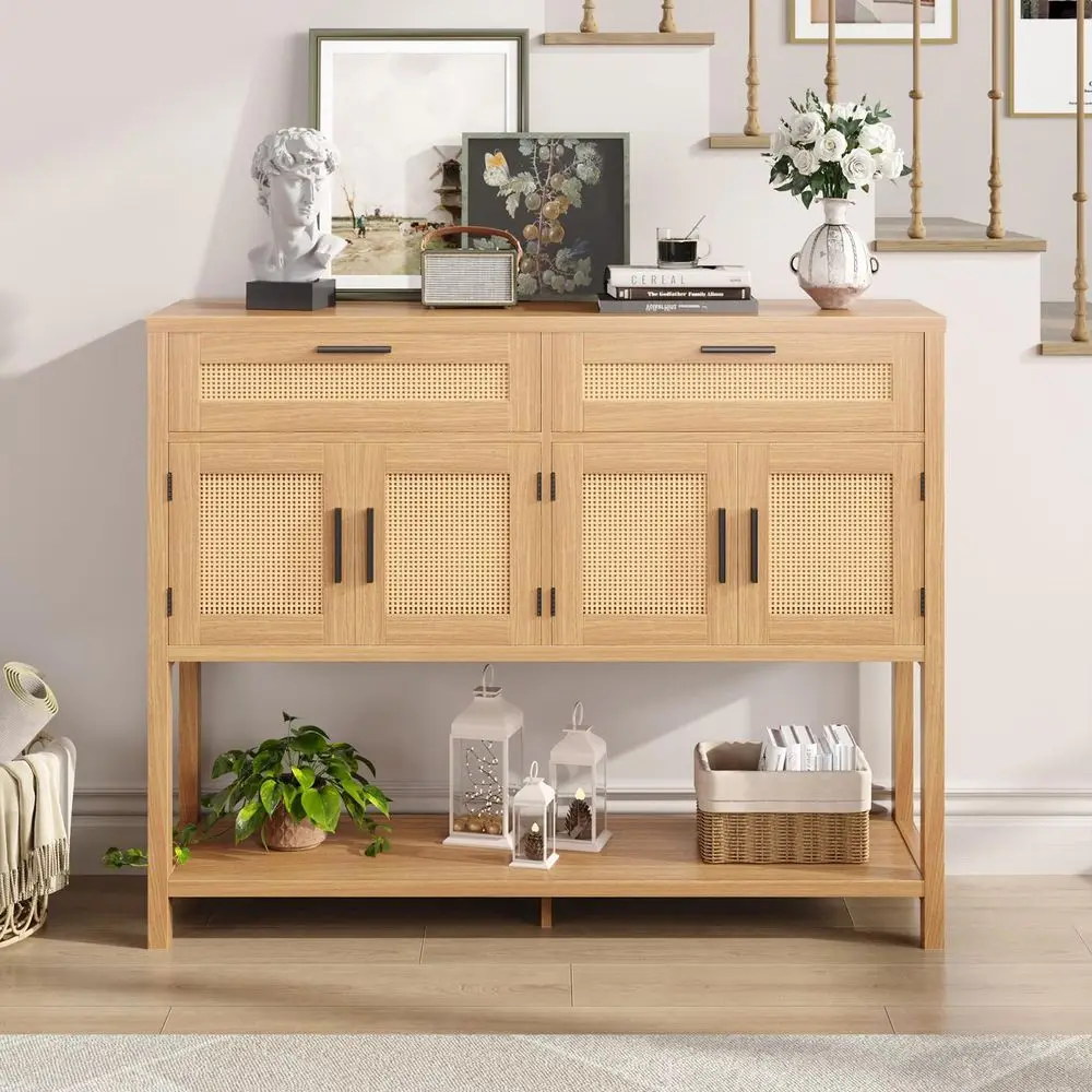 

Буфет-тумба с открытыми полками, тумба в стиле бохо с дверцами и ящиками из ротанга, консольный столик-кофейный бар из ротанга