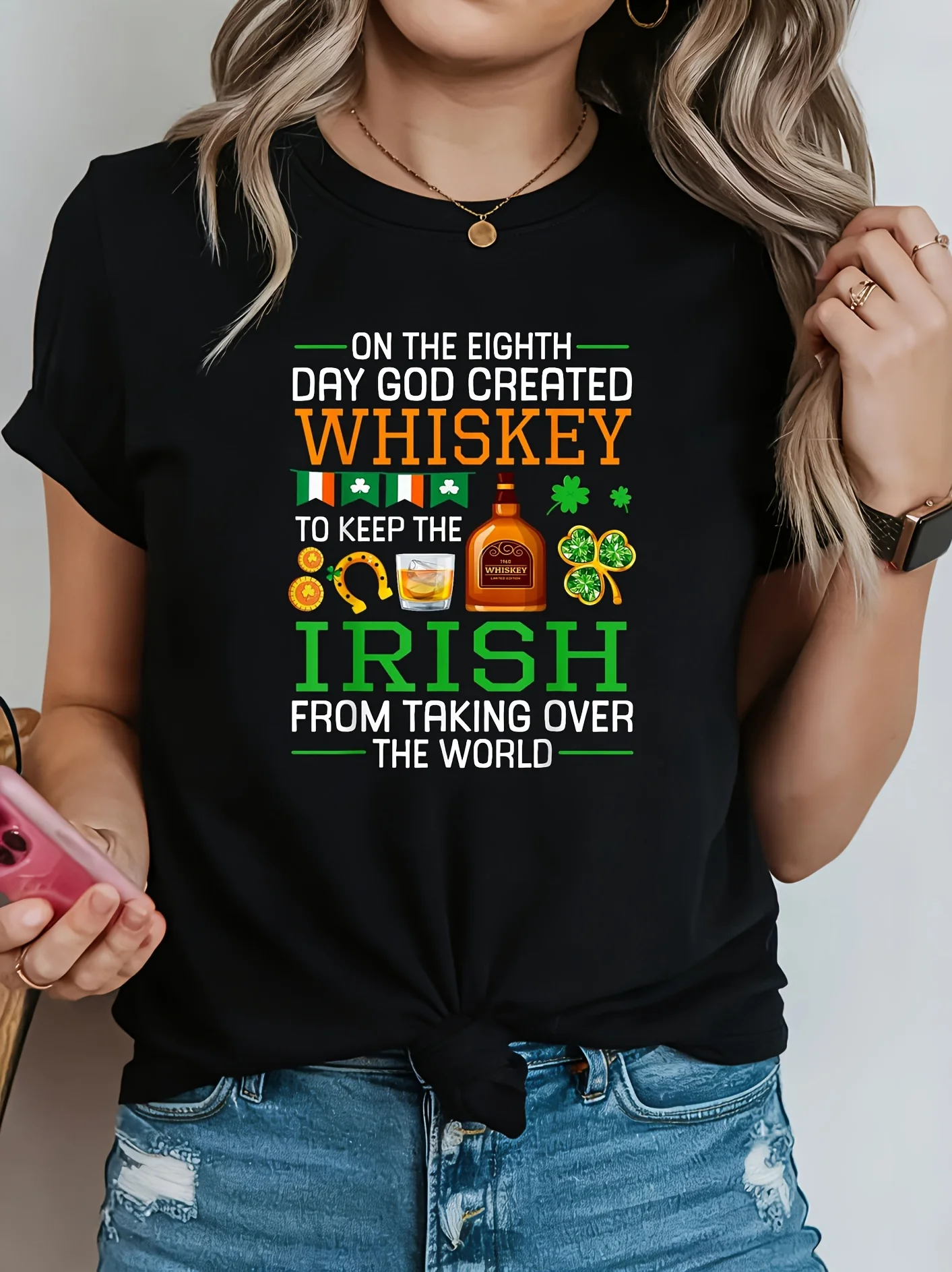 Women On The Eighth Day God Created Whiskey To Save Ireland Black Crew Neck Short Sleeve T Shirt