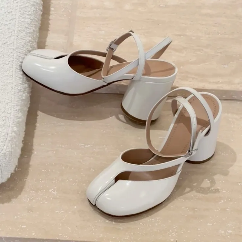 Ins style Fashion Patent Leather Split Toe Women Pumps Spring Summer Thick High heels Slingbacks Female Tabi Chunky Casual Shoes image 4