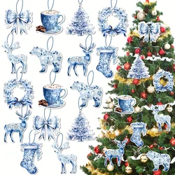 16 Pcs Christmas Chinoiserie Ornaments Blue and White Porcelain Ornaments Chinoiserie Plate Vase Ornaments Christmas Hanging