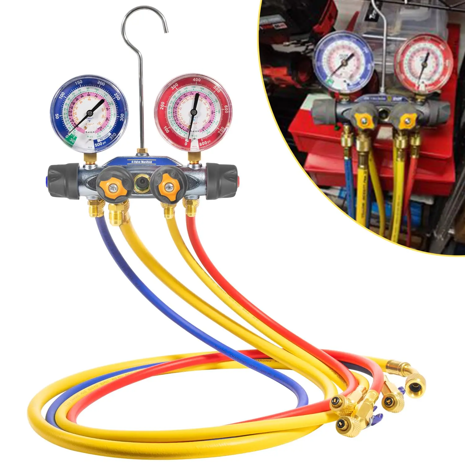 

49968 Charging Manifold and 4 Valve Test A/C Manifold Gauge Tool Set with 60" Hoses and 3/8" x 45° Compact Ball Valve Hose Set