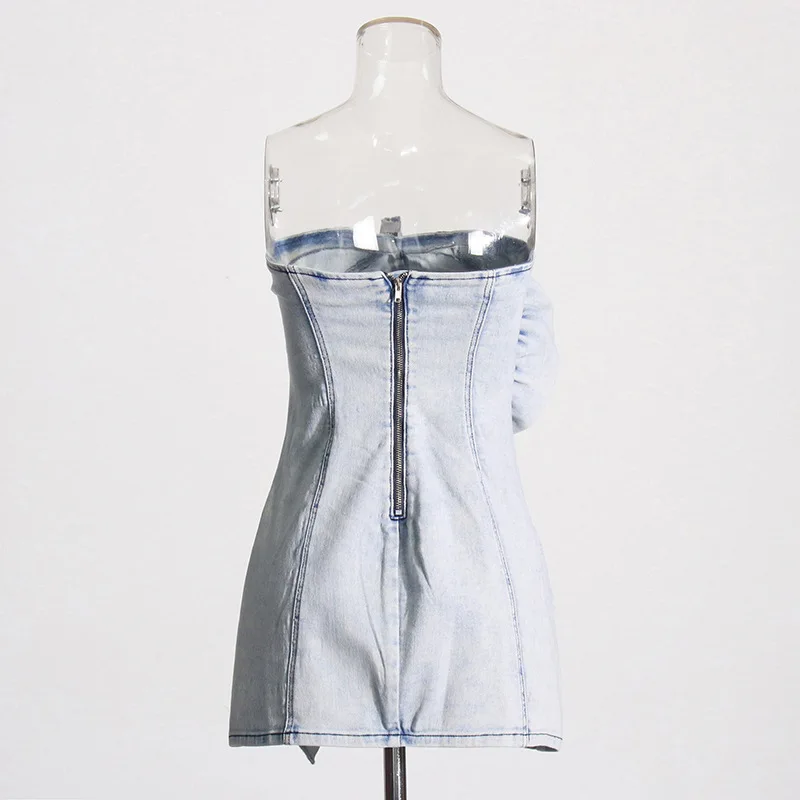 ANJY 2025 Summer New Women's High Street Fashion Original Deslgn Sexy Pleated Ruffles Strapless Slim Fit Short Denim Dress A7119