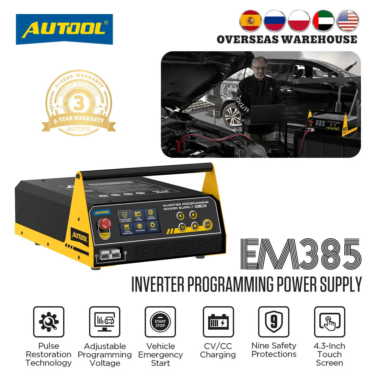 AUTOOL EM385 150A Automotive Inverter Programmierbares Stromversorgungsgerät ECU Notstart-Spannungsregler Intelligentes Batterieladegerät