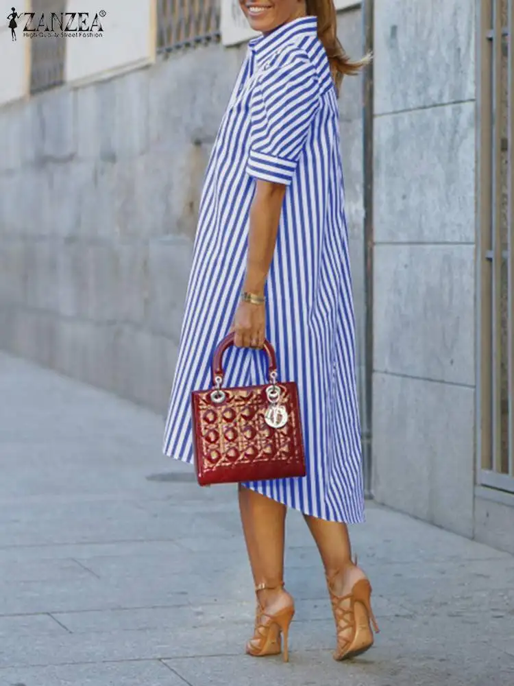 Women Vintage Striped Printed Vestido ZANZEA Summer Shirt Dress 2022 Fashion Short Sleeve Robe Casual OL Irregular Knee Sundress