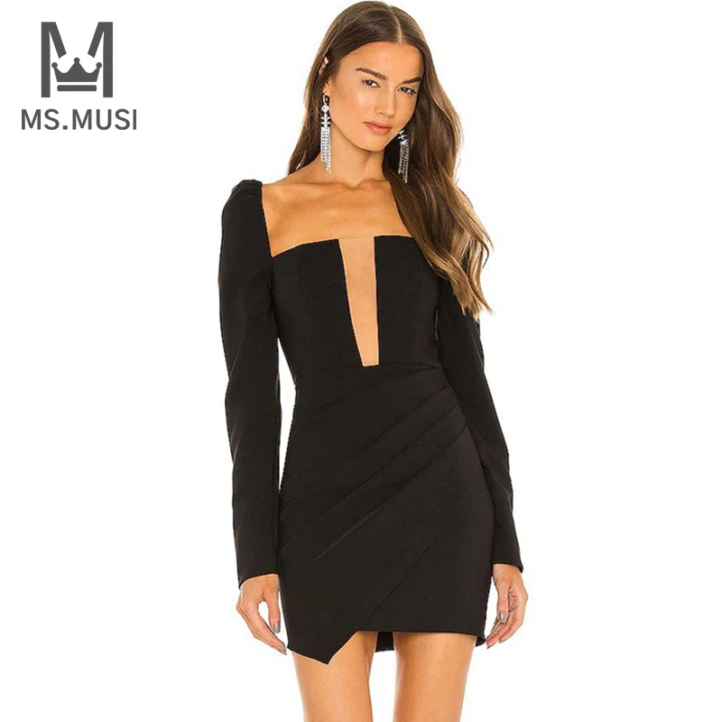 

MSMUSI 2022 New Fashion Women Sexy Black Deep V Draped Lace Mesh Long Sleeve Backless Fold Bodycon Mini Dress Celebrate Vestidos