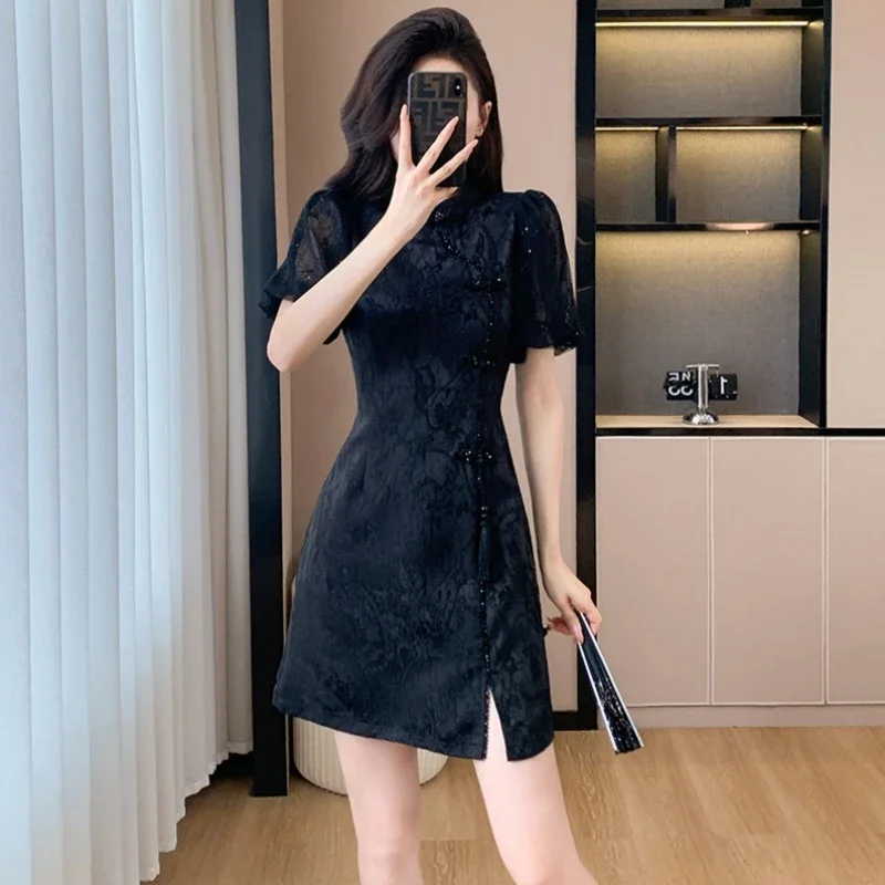 Black Jacquard Fabric with Puff Sleeves & Frog Buttons, Summer Casual Mini Dress New Chinese Style Modified Qipao Dress