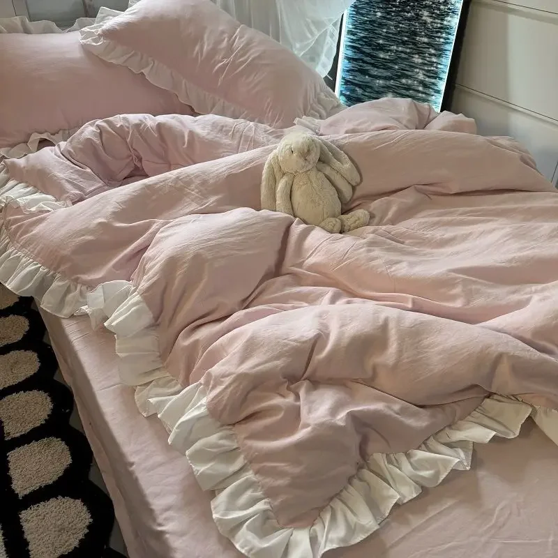 Ins Pink Princess Bedding Set with Ruffles Solid Color Soft Girls Boys Duvet Cover No Filler Pillowcase 3 or 4 pcs Bed Sheet